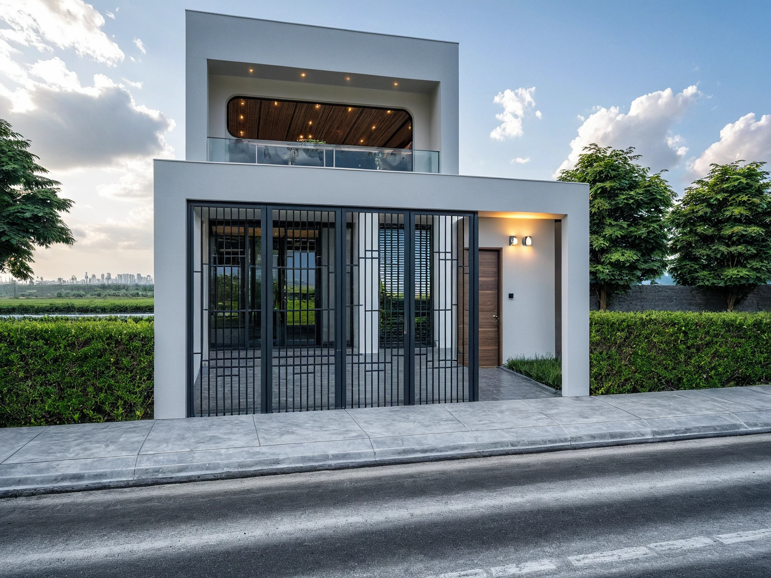 Raw photo, masterpiece, high quality, best quality, realistic, super detailed, outdoor, " 2-storey house " , modern Mezzanine house style, (white wall), curved wall facade, aluminum interior door glass, curved planter, gray tiled accent wall, gray iron box exterior gate, road, sidewalk, grass, trees, sky, clouds, (daylight):1.1)