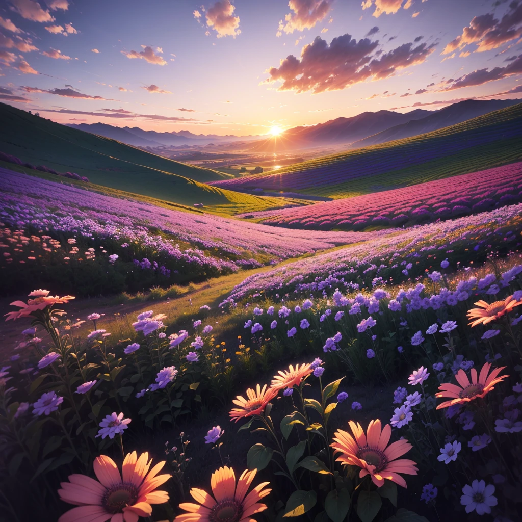 Ultra realistic 8k picture, blue flower field, evening time, beautiful sunset, colourful details, beautiful and realistic clouds