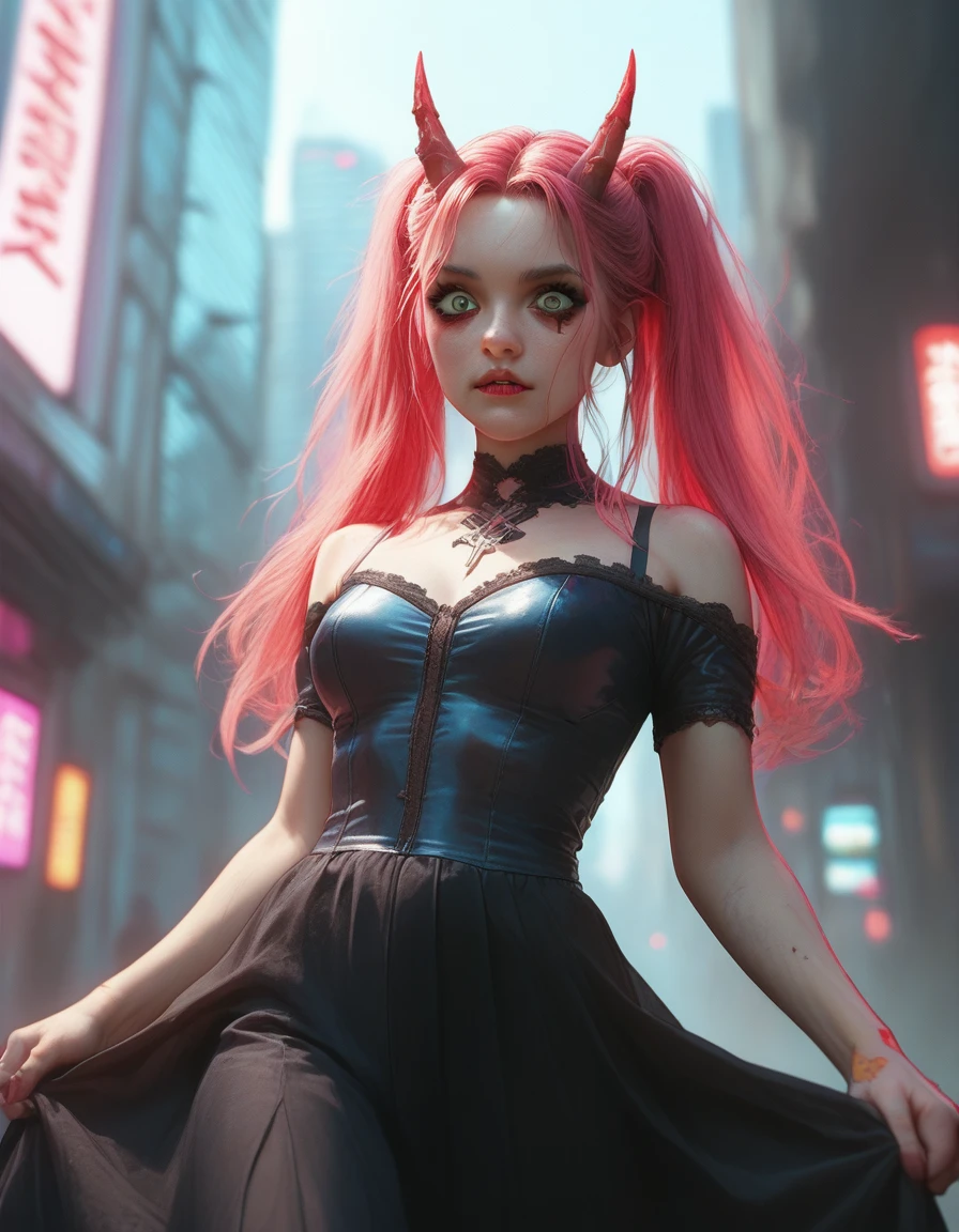 Anime Oni-girl. She has long pink twintails and parted bangs. ((forehead))++. She is wearing a red and black gothic dress. She has oni horns. The background includes a cyberpunk cityscape visible through a cracked window. Neon glows and deep shadows. Created Using: digital illustration, cyberpunk style, high contrast, vibrant neon colors, sleek design, gritty textures, hd quality