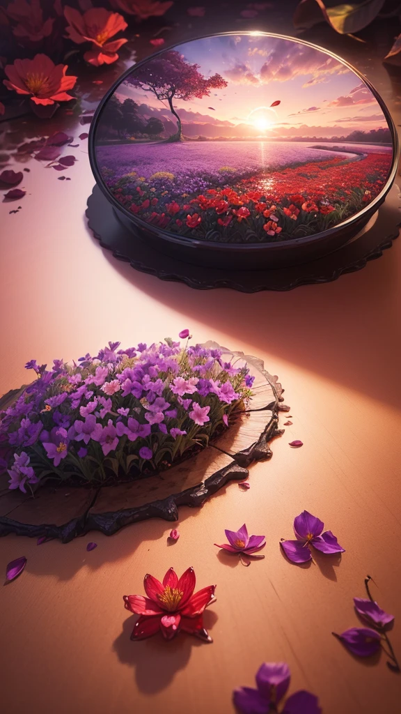 ((artwork, Better quality, Photographic, Realistic, Ultra Detailed)), ((Medium shot)), ((Flowering plants of different colors, Red, and purple, Wet petals and leaves)), sunrise, Fluffy clouds and trees