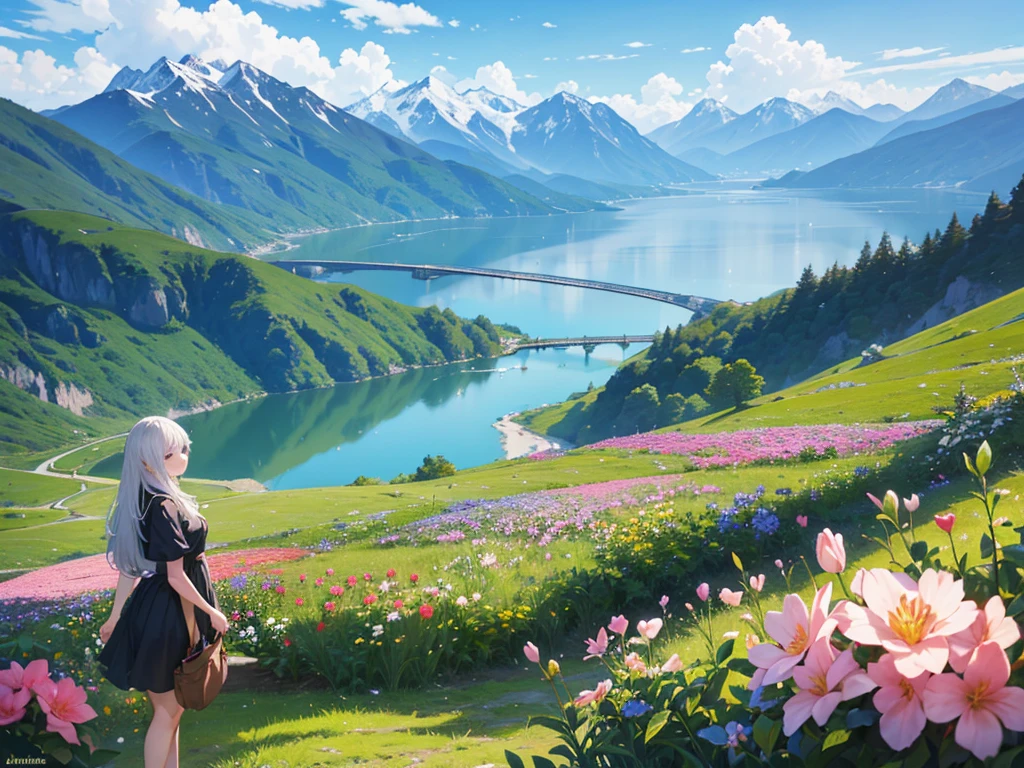 Beautiful landscape,There is a flower in front of me,There are water and mountains behind,