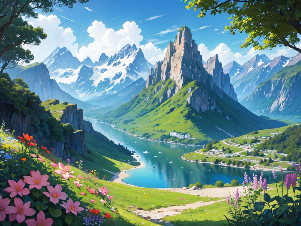 Beautiful landscape,There is a flower in front of me,There are water and mountains behind,