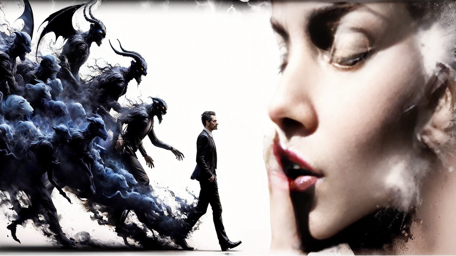 there is a man with a cigarette and a photo of a man with a demon, unbelievable, they reach your mind, pintura fosca da mente humana, still from the movie the arrival, photo manipulation, many beings walking about, prey movie ( 2 0 2 2 ), movie poster character, cosmic fantasy and horror film, edited, cover photo