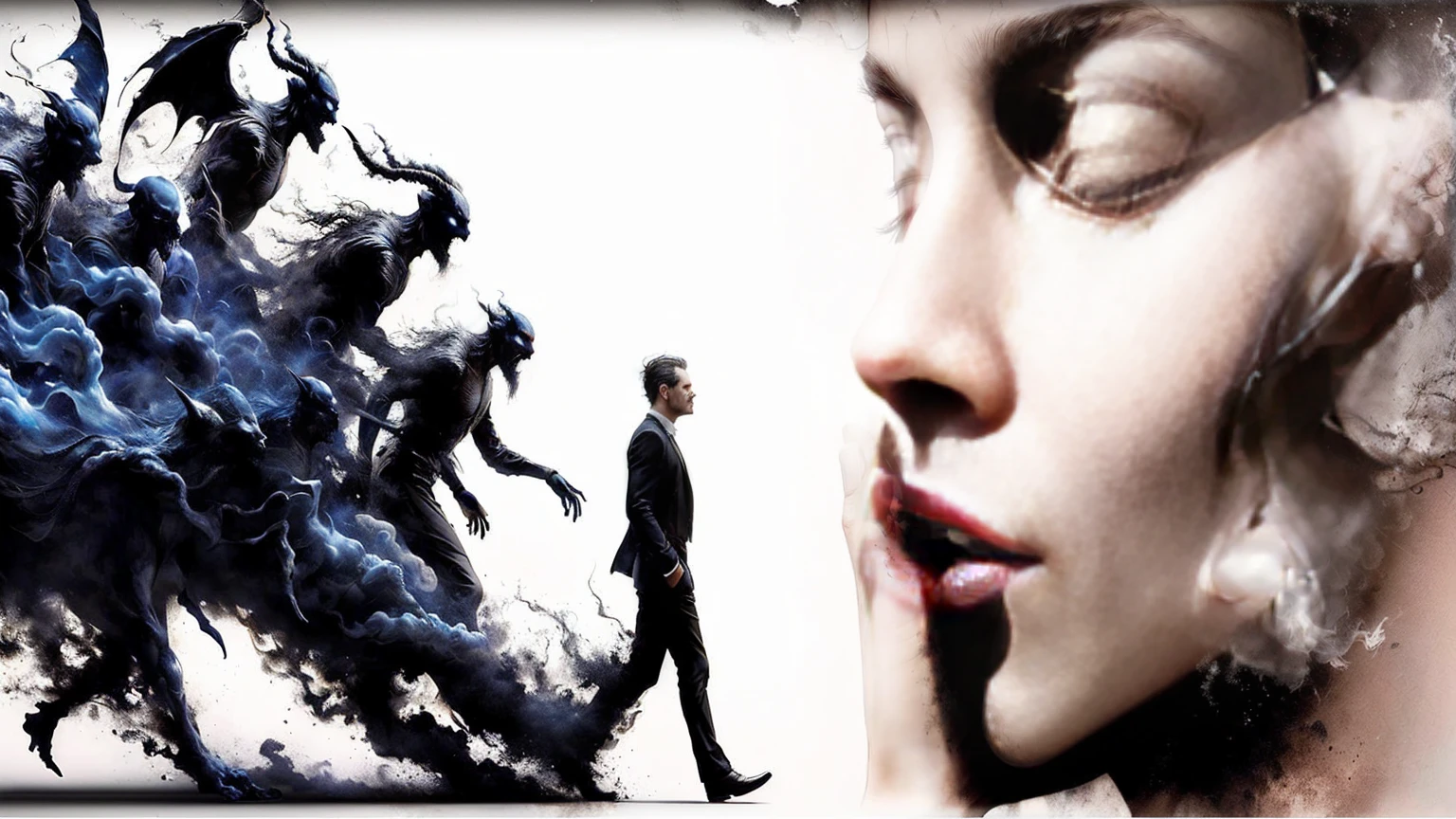 there is a man with a cigarette and a photo of a man with a demon, unbelievable, they reach your mind, pintura fosca da mente humana, still from the movie the arrival, photo manipulation, many beings walking about, prey movie ( 2 0 2 2 ), movie poster character, cosmic fantasy and horror film, edited, cover photo