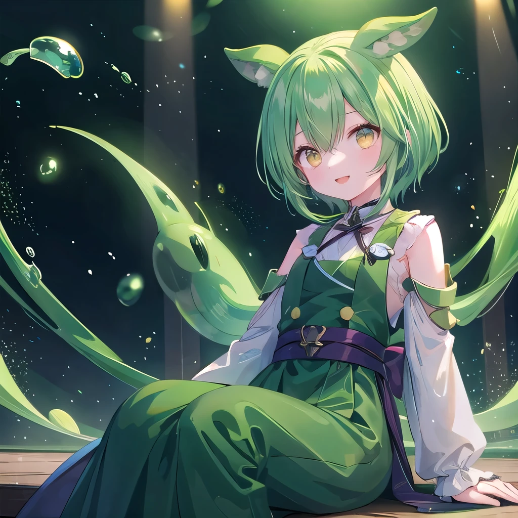 Dark green hair, eyes are yellow,Wavy Hair, Floating Hair, smile, Sitting, Open your mouth, Particles of light, Aqua Eye, Looking at the audience,