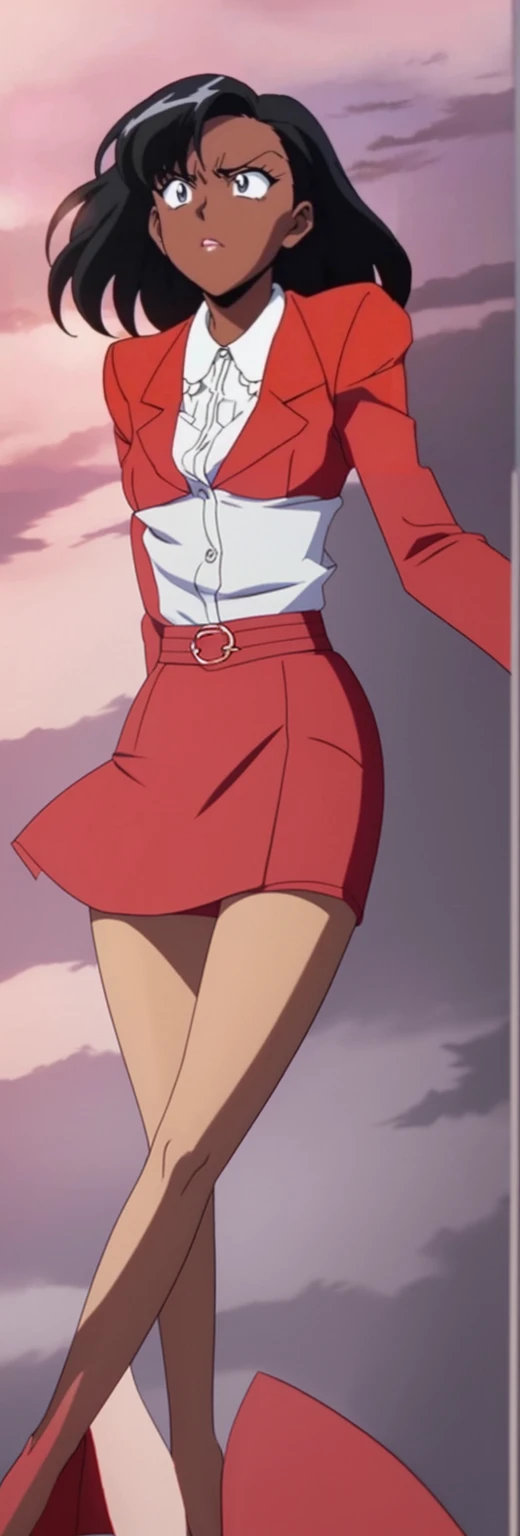 EVIL BLACK BUSINESS WOMAN WEARING A BLOUSE WITH A RED SKIRT SUIT 90s ANIME ARTSTYLE