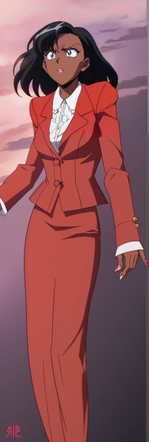 EVIL BLACK BUSINESS WOMAN WEARING A BLOUSE WITH A RED SKIRT SUIT 90s ANIME ARTSTYLE