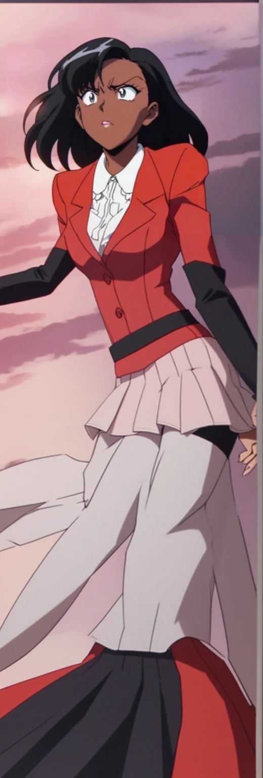 EVIL BLACK BUSINESS WOMAN WEARING A BLOUSE WITH A RED SKIRT SUIT 90s ANIME ARTSTYLE