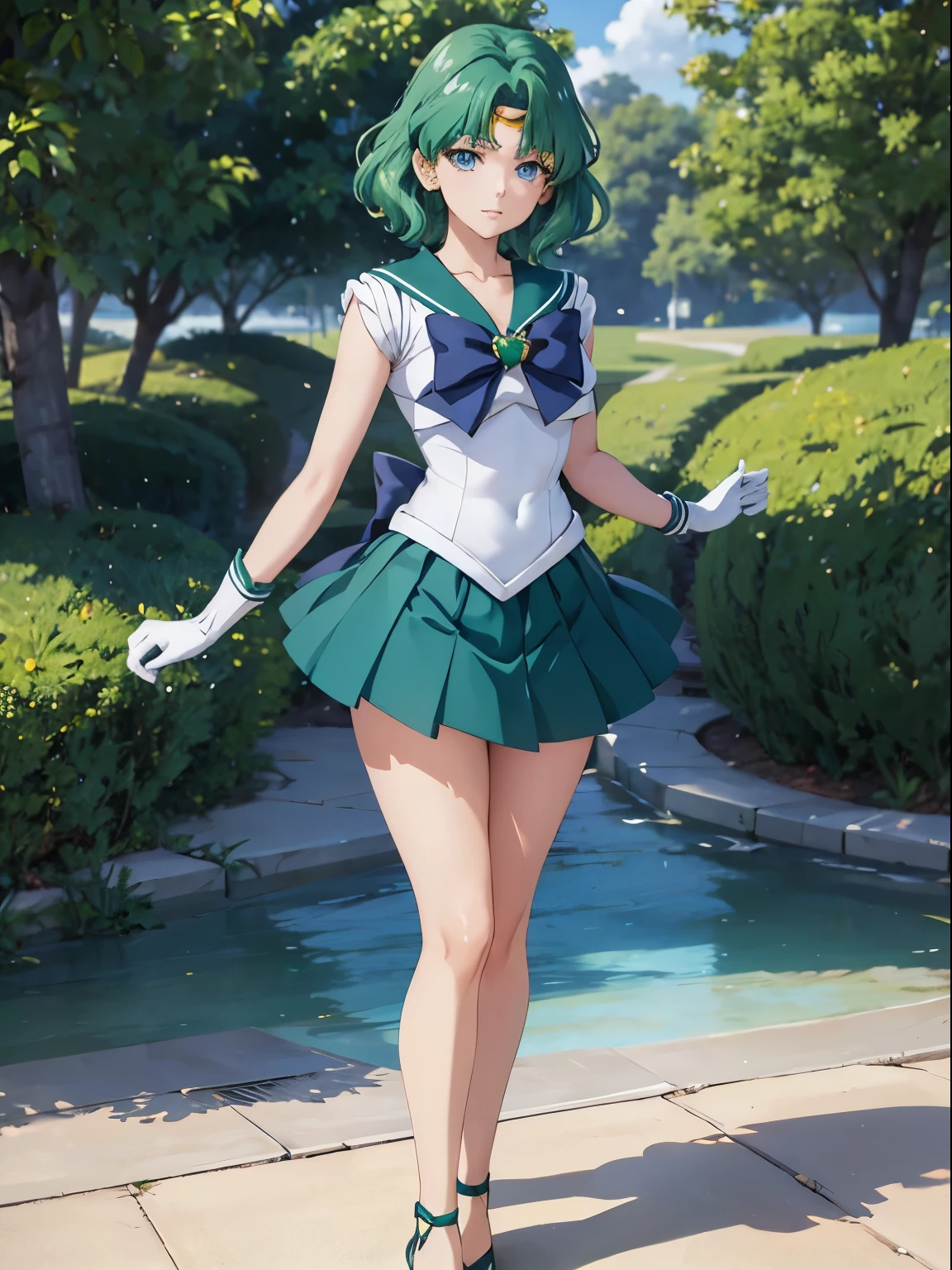 sailor neptune, 1 girl, green hair, short hair, blue eyes, detailed eyes, simple background, female focus, alone, Standing, Michiru Kaio, portrait, full body, (Masterpiece:1.0), (best quality:1.0) , (wallpaper 8k:1.0), (detailed beautiful face:1.0), (detailed deep eyes), deep eyes, looking at viewer, sailor scout, blue bow on chest, green skirt, white gloves,