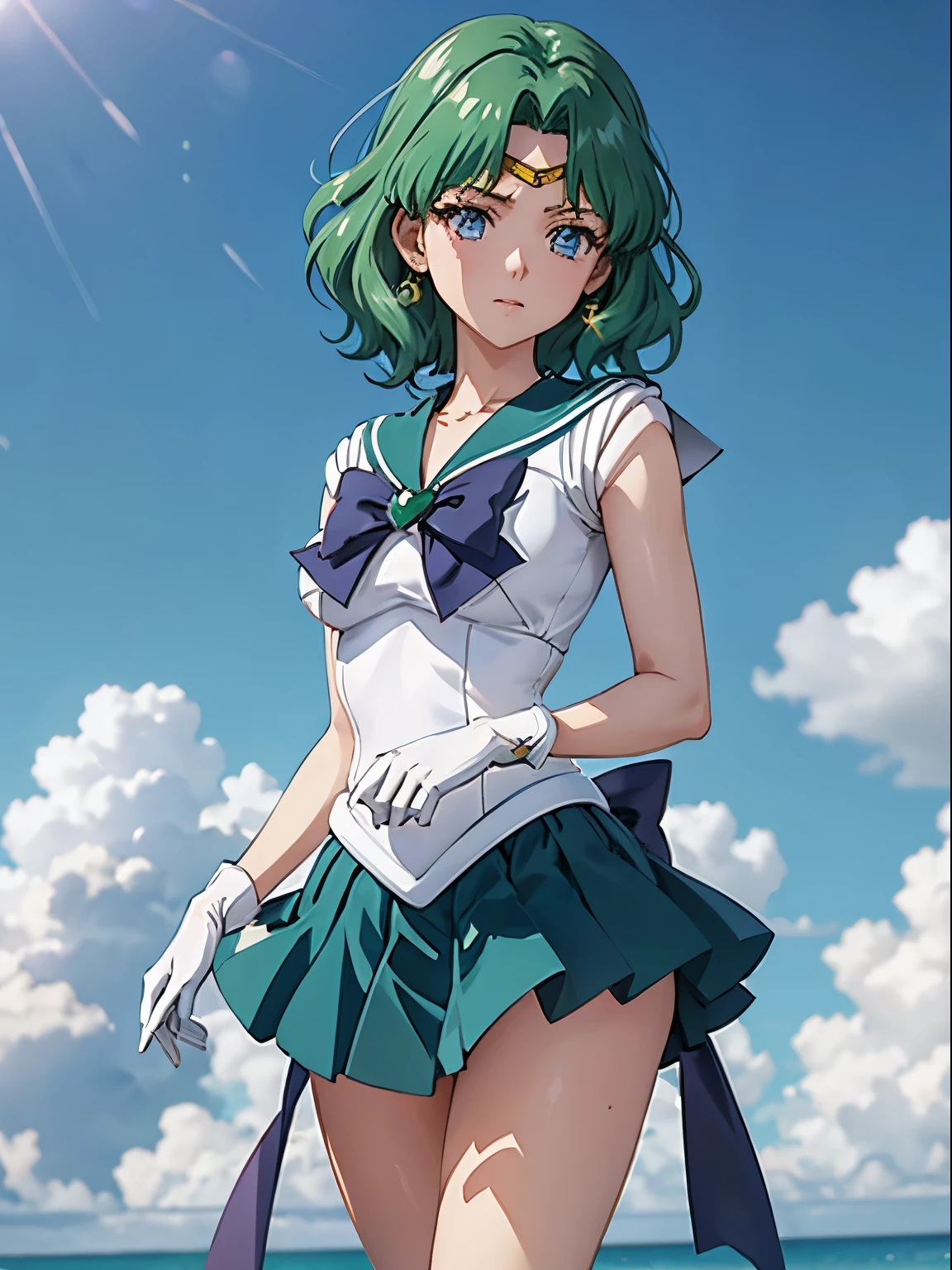 sailor neptune, 1 girl, green hair, short hair, blue eyes, detailed eyes, simple background, female focus, alone, Standing, Michiru Kaio, portrait, full body, (Masterpiece:1.0), (best quality:1.0) , (wallpaper 8k:1.0), (detailed beautiful face:1.0), (detailed deep eyes), deep eyes, looking at viewer, sailor scout, blue bow on chest, green skirt, white gloves,