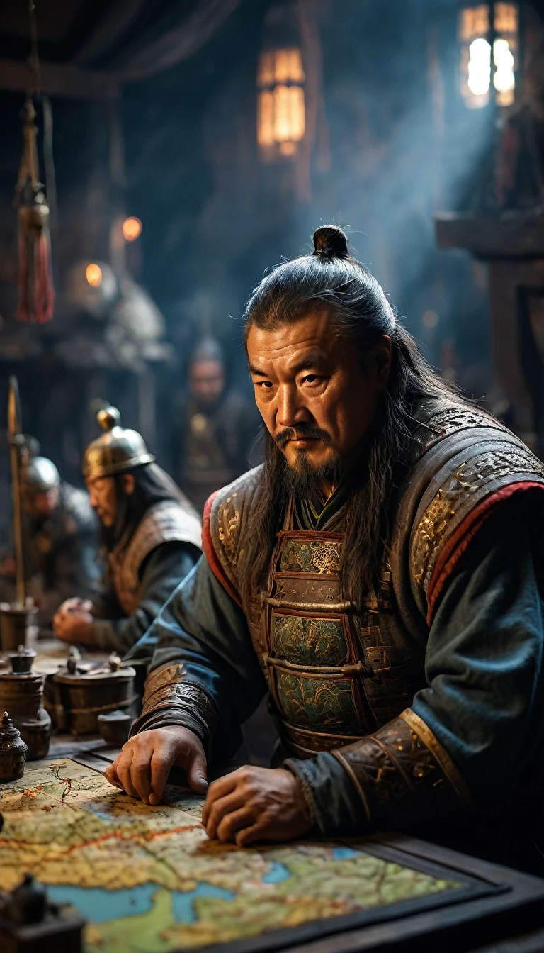 Cinematic style, Genghis Khan and his generals planning strategies using maps and miniatures, background dark, hyper realistic, ultra detailed hyper realistic, photorealistic, Studio Lighting, reflections, dynamic pose, Cinematic, Color Grading, Photography, Shot on 50mm lens, Ultra-Wide Angle, Depth of Field, hyper-detailed, beautifully color, 8k, golden light from the front,