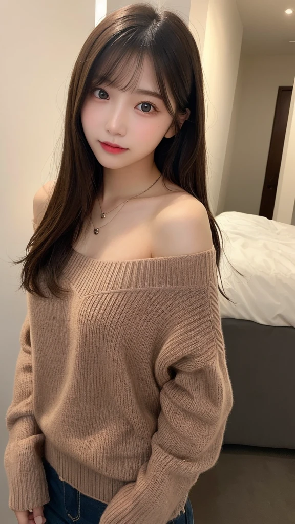 One Girl, Age 19, alone, Long Hair, huge , View your viewers, Blonde, Bare shoulders, Brown eyes, gem, whole body, necklace, Off the shoulder, sweater, Realistic, Sexy