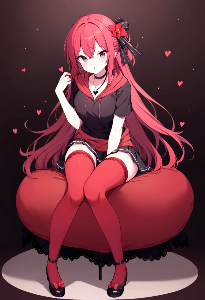 a girl with a black skirt and a small red shirt on top of is red stockings . red zip up hoodie, black shirt underneath with short sleeves and ,red hair, long hair and a flower with a ribbon on the bottom on the side on the hair and red eyes has a black Choker , and a small heart red necklace , has a ribbon bow waistband, main color red , full body