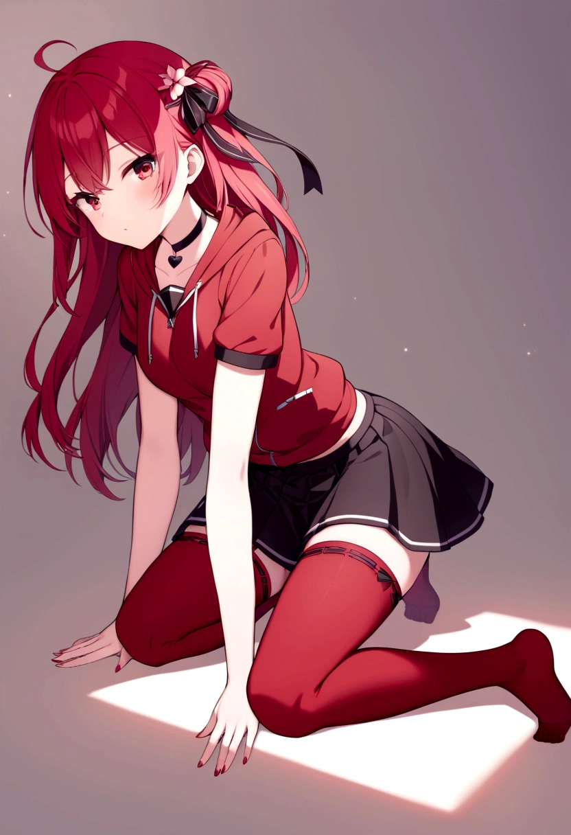 a girl with a black skirt and a small red shirt on top of is red stockings . red zip up hoodie, black shirt underneath with short sleeves and ,red hair, long hair and a flower with a ribbon on the bottom on the side on the hair and red eyes has a black Choker , and a small heart red necklace , has a ribbon bow waistband, main color red , full body 