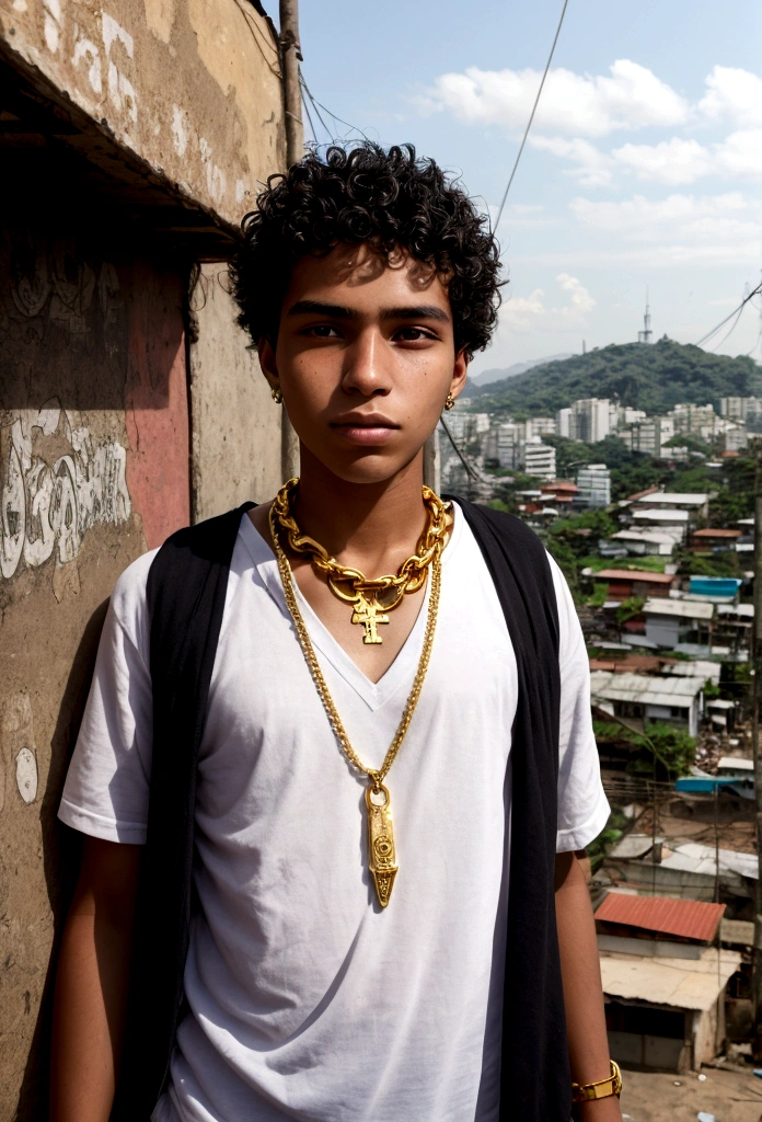 20 year old boy in São Paulo style with gold chain around his neck, favela landscape