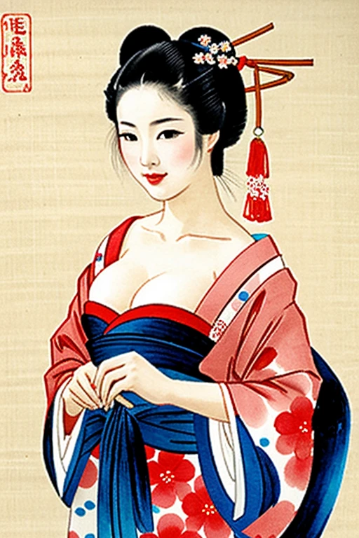 The Empress is standing naked, wearing a red Hanfu draped over her shoulders and no underwear, revealing her large breasts, hairy lower abdomen, and pubic hair.、
Her hair is tied up and pulled up with a gorgeous flower ornament on both sides.、The background of the crowning of the Qing Dynasty empress is the stone paving outside the palace of the Qing Dynasty China.