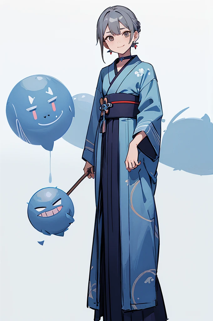 Blue Yukata、Gray Hair、Mischievous face、Choker on neck、Big earrings、Arms crossed、Only the mouth is smiling、Straw sandals、Choker on right leg(whole body、Are standing、、White background)
