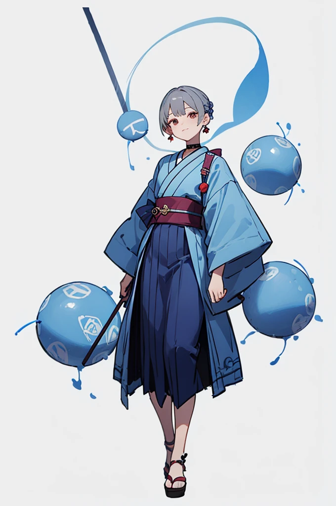 Blue Yukata、Gray Hair、Mischievous face、Choker on neck、Big earrings、Arms crossed、Only the mouth is smiling、Straw sandals、Choker on right leg(whole body、Are standing、、White background)