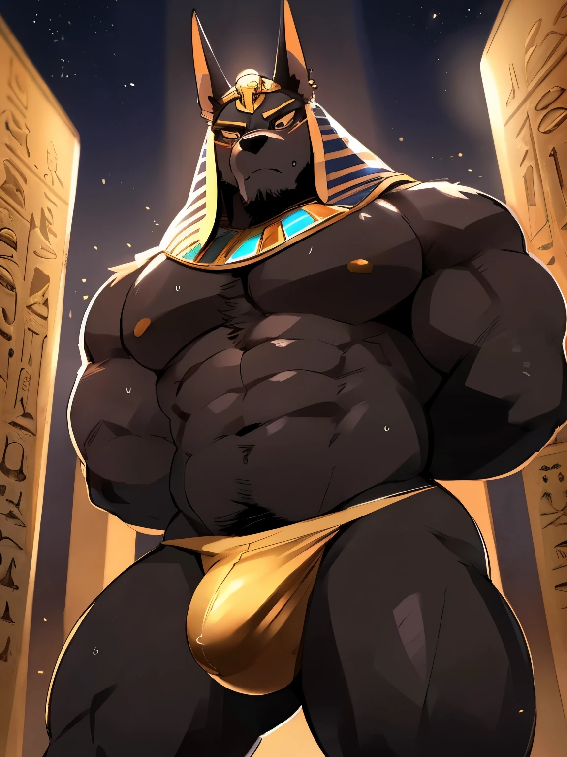 Muscular, male, furry, fluffy, Covered scars, bare chest, hot, (wet: 1.3), abs, wide body, egyptian jewelry, egyptian armor, Looking at viewers, thick beard , (bara pecs: 1.1), anthro jackal, anubis mask, blushing, black body, black furr chest, wide body, (big chest: 1.3) , thick thighs, (arms behind back: 1.1), inside egyptian tombs, wearing thong, (bulge: 1.1), barely visible genitals, detailed genitals outline, intimidating angry expression, gold nipples ring, dark dramatic lighting, night, low angle, dutch angle, by hyaku , by darkgem