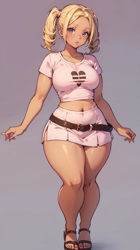 blank background, (((full body))), (masterpiece), ((best quality)), flat chest, short twintail, (curvy:1.7), (very short skirt), sandals, belt below navel, blonde, (pink tshirt), (dark skin)