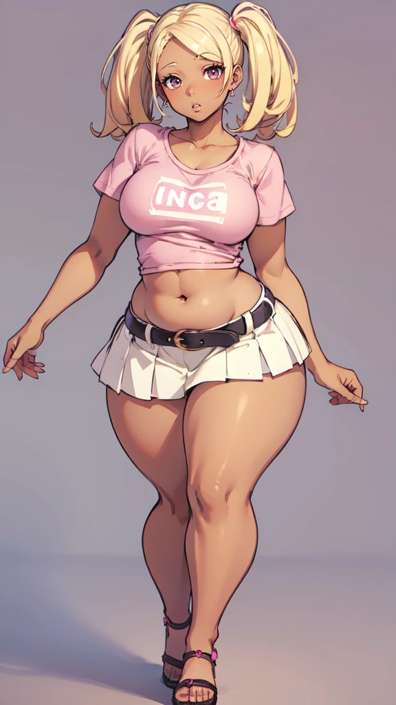 blank background, (((full body))), (masterpiece), ((best quality)), flat chest, short twintail, (curvy:1.7), (very short skirt), sandals, belt below navel, blonde, (pink tshirt), (dark skin)