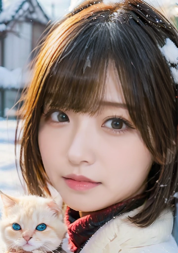 歯をみせsmile、Blue Eyes、Holding a kitten、Photo from the waist up、Night city illumination shot、Cowgirl Shot、Fur coat、豪華なグレーのミンクのFur coat、Wear fine leather boots、Luxury Bags、Inner turtleneck、Silver necklace and small silver earrings Millionaire style:1.4))、Full body photo、smile、 Caustics、Highly detailed photos、Very beautiful woman 、Ample breasts、No makeup、(8K、RAW Photos、Highest quality、masterpiece:1.2)、(Realistic、Realistic)、1 Girl、((Medium Short Hair、Midwinter、Cold region Snow falling、The wind is blowing、Fluttering Hair、Blur the background、Colorful illuminations、Looking into the camera:1.4))、
