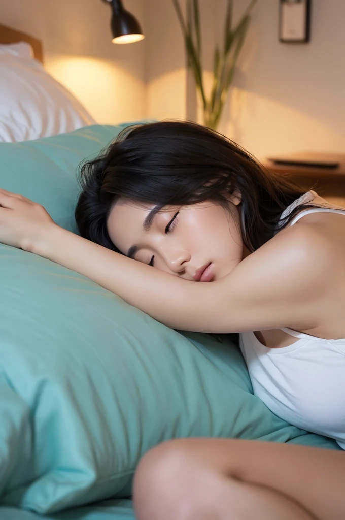It depicts a beautiful Japanese girl sleeping in bed.。She is wearing a white tank top and black shorts.、You can see him sleeping in a relaxed state.。The white tank top is simple.、Black shorts with light blue trim。Her skin is smooth and、Has a healthy tone。
Her hair is shoulder-length、It spreads out in a natural wavy style.。Her face is calm、It also looks like he's smiling slightly。Her other arm is on the pillow、The other arm is placed on the stomach、Overall, I have a relaxed posture。
In the background、I see a simple bed and white pillows.。The room is bright and bright.、There is an atmosphere of natural light pouring in.。The overall atmosphere is very quiet.、Emphasizes a state of peace and relaxation。
This image is、It captures her beauty and peaceful moments.、Gives the viewer a relaxing feeling。