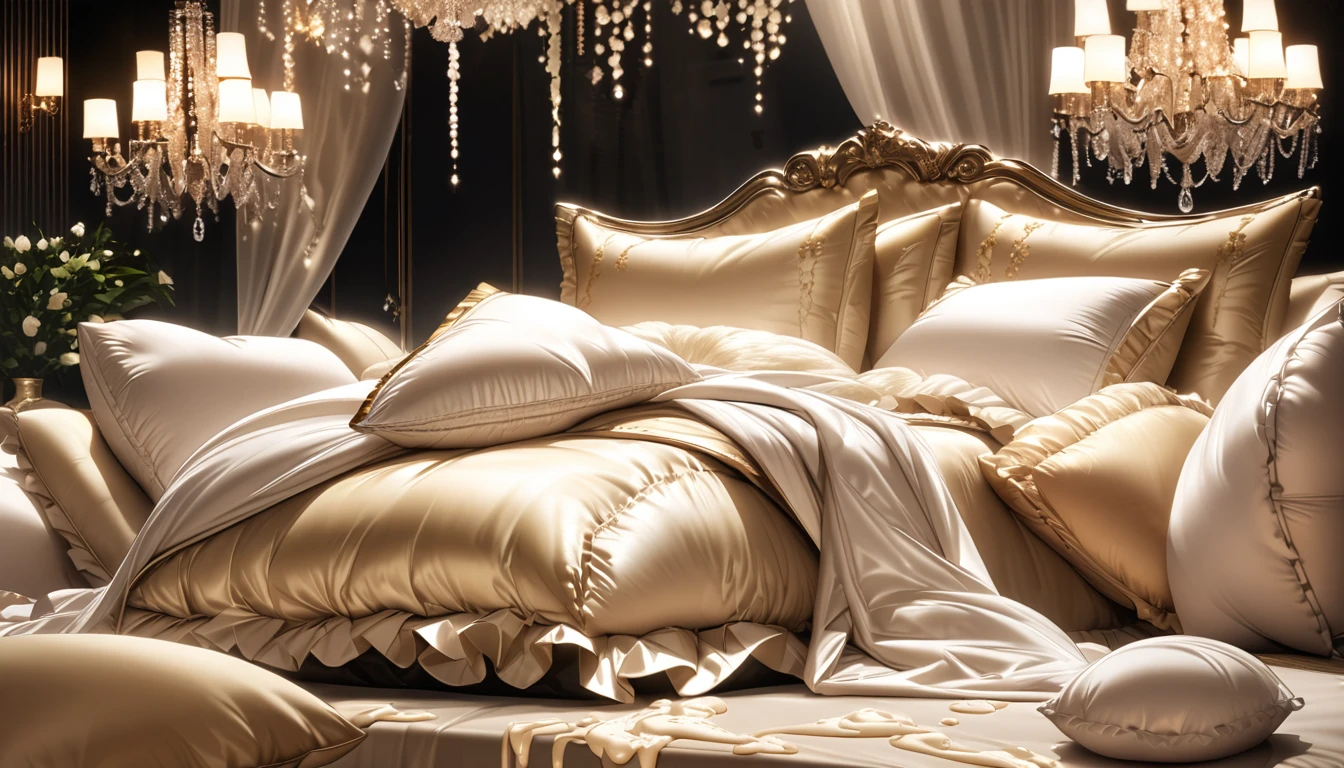 Lots of giant silk pillows. Luxurious and fluffy silk bed. White chocolate sauce splattered