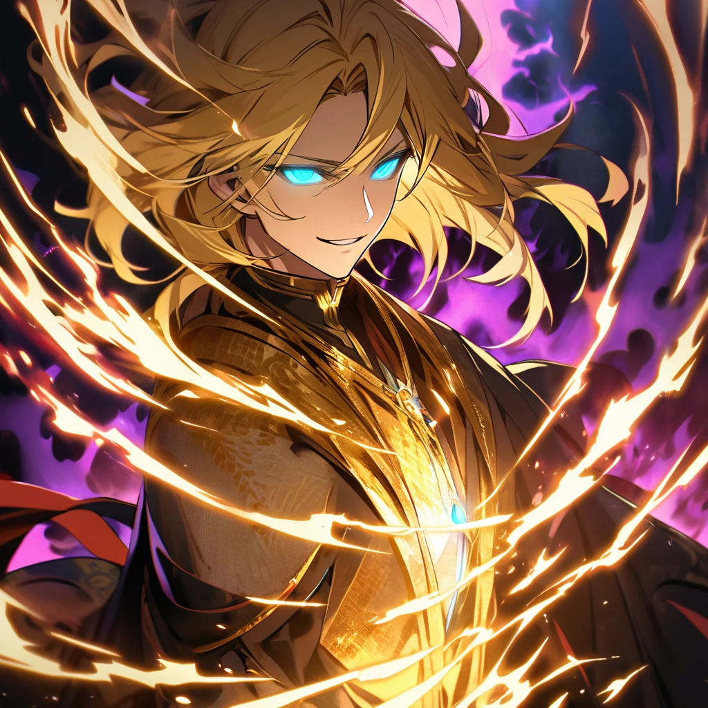 male, solo, handsome, blond hair, god, god eyes, glowing eyes, light, aura, holo, golden, smilling