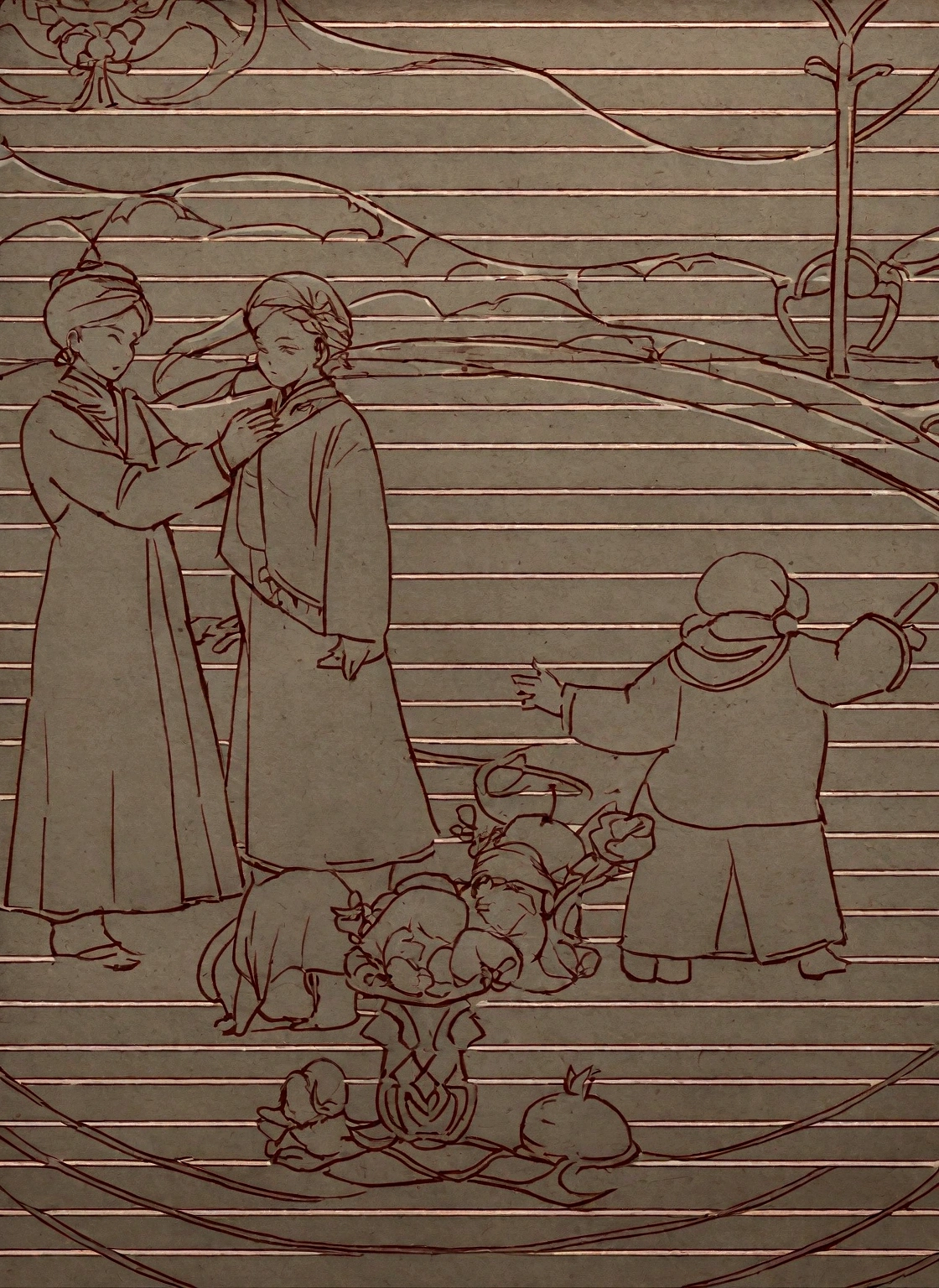 Two ethnic minority women，A minority child，Wooden floorewood，flagon，prayer flags，Lively scene，Fine line drawings，Pattern details