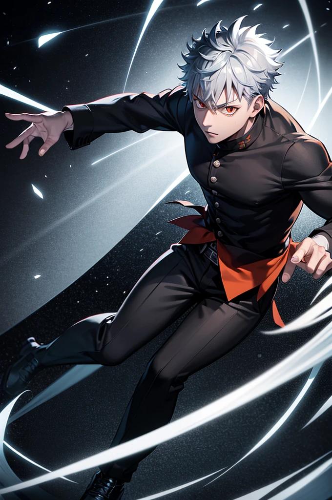 one japanese man, silver hair, orange eyes, high res, masterpiece, ultrasharp, jujustu kaisan style, jujutsu kaisen background, with a dragon