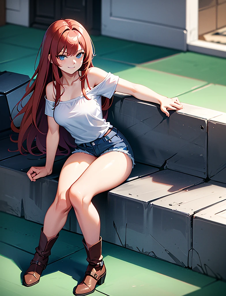 young girl of 15 years, long haired redhead with blue eyes, short white shirt, bare shoulders, bright blue short jean shorts, serious look, sitting, SMILE, smiling, short brown boots with white