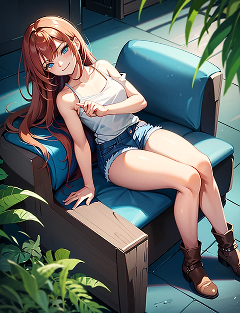 young girl of , long haired redhead with blue eyes, short white shirt, bare shoulders, bright blue short jean shorts, serious look, sitting, SMILE, smiling, short brown boots with white