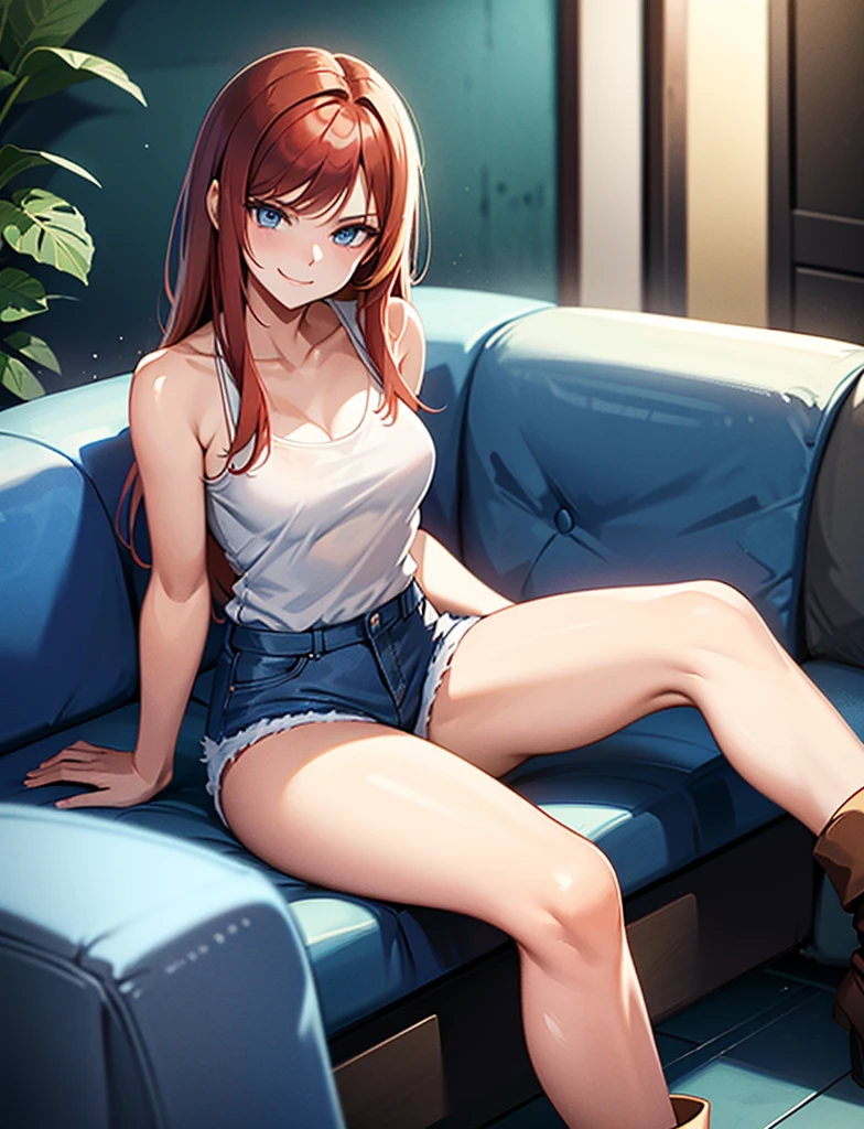 young girl of 15 years, long haired redhead with blue eyes, short white shirt, bare shoulders, bright blue short jean shorts, serious look, sitting, SMILE, smiling, short brown boots with white