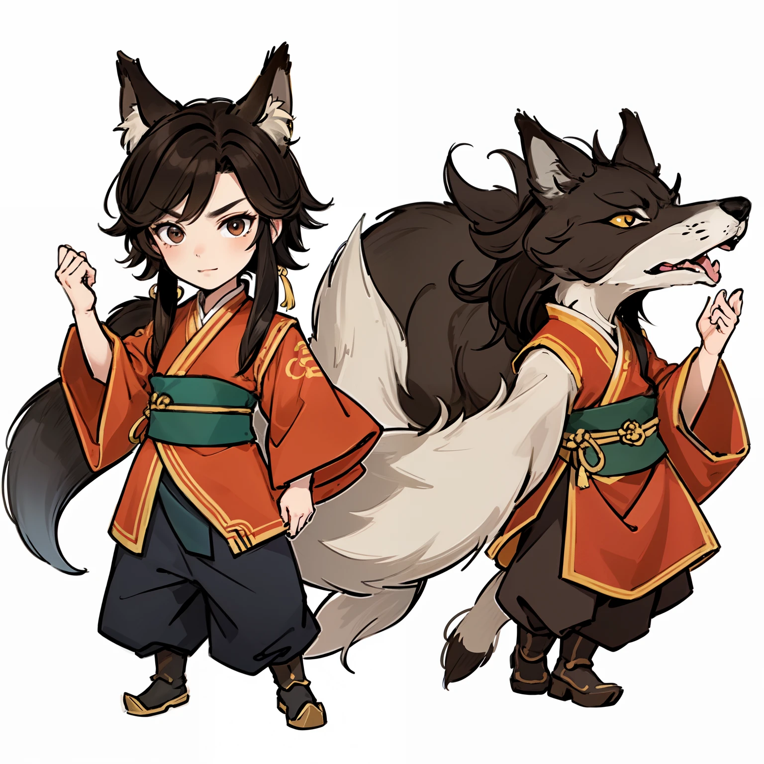 qgufeng，Wolf，Chinese style，white background,full body, chibi