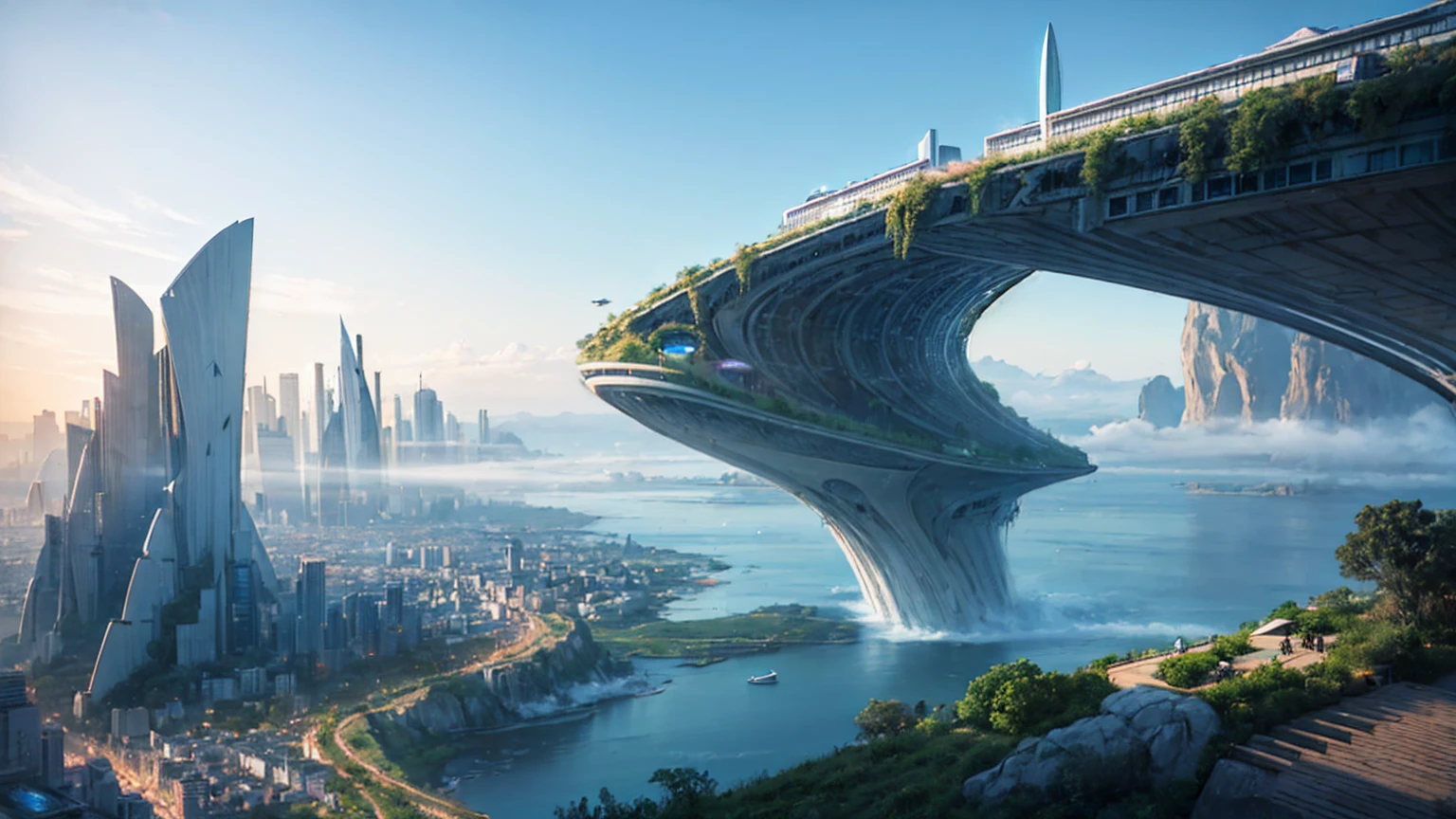 (Best quality,4K,8K,A high resolution,Masterpiece:1.2),Ultra-detailed,(Realistic,Photorealistic,photo-realistic:1.37),Futuristic floating city,Futuristic technology,Huge urban high-tech tablet platform,Airship,Floating in the sky,Futuristic city,Small airships around,High-tech hemispherical platform,Colorful lights,Advanced architecture,modernn architecture,skyscrapper,Access the cloud,Scenic beauty,view over city,Impressive design,Blend seamlessly with nature,energetic and vibrant atmosphere,Futuristic transportation system,Parking is suspended,Transparent path,Lush greenery,Sky gardens,cascading waterfalls,Magnificent skyline,reflections on the water,Sparkling river,Architectural innovation,futuristic skyscrapers,Transparent dome,The shape of the building is unusual,Elevated walkway,Impressive skyline,Glowing lights,Futuristic technology,Minimalist design,Scenic spots,Panoramic view,Cloud Piercing Tower,Vibrant colors,epic sunrise,epic sunset,Dazzling light display,magical ambiance,The future city,Urban Utopia,LuxuryLifestyle,Innovative energy,sustainable development,Smart city technology,Advanced infrastructure,Tranquil atmosphere,Nature and technology live in harmony,Awesome cityscape,Unprecedented urban planning,Architecture connects seamlessly with nature,High-tech metropolis,A cutting-edge engineering marvel,The future of urban living,Visionary architectural concept,Energy-efficient buildings,Harmony with the environment,A city floating above the clouds,Utopian dreams become reality,The possibilities are endless,State-of-the-art transportation network,Green energy integration,Innovative materials,Impressive holographic display,Advanced communication system,Breathtaking aerial view,Quiet and peaceful environment,Modernist aesthetics,Ethereal beauty