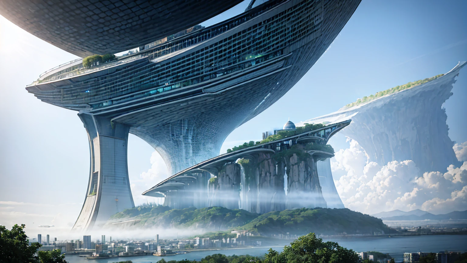 (Best quality,4K,8K,A high resolution,Masterpiece:1.2),Ultra-detailed,(Realistic,Photorealistic,photo-realistic:1.37),Futuristic floating city,Futuristic technology,Huge urban high-tech tablet platform,Airship,Floating in the sky,Futuristic city,Small airships around,High-tech hemispherical platform,Colorful lights,Advanced architecture,modernn architecture,skyscrapper,Access the cloud,Scenic beauty,view over city,Impressive design,Blend seamlessly with nature,energetic and vibrant atmosphere,Futuristic transportation system,Parking is suspended,Transparent path,Lush greenery,Sky gardens,cascading waterfalls,Magnificent skyline,reflections on the water,Sparkling river,Architectural innovation,futuristic skyscrapers,Transparent dome,The shape of the building is unusual,Elevated walkway,Impressive skyline,Glowing lights,Futuristic technology,Minimalist design,Scenic spots,Panoramic view,Cloud Piercing Tower,Vibrant colors,epic sunrise,epic sunset,Dazzling light display,magical ambiance,The future city,Urban Utopia,LuxuryLifestyle,Innovative energy,sustainable development,Smart city technology,Advanced infrastructure,Tranquil atmosphere,Nature and technology live in harmony,Awesome cityscape,Unprecedented urban planning,Architecture connects seamlessly with nature,High-tech metropolis,A cutting-edge engineering marvel,The future of urban living,Visionary architectural concept,Energy-efficient buildings,Harmony with the environment,A city floating above the clouds,Utopian dreams become reality,The possibilities are endless,State-of-the-art transportation network,Green energy integration,Innovative materials,Impressive holographic display,Advanced communication system,Breathtaking aerial view,Quiet and peaceful environment,Modernist aesthetics,Ethereal beauty