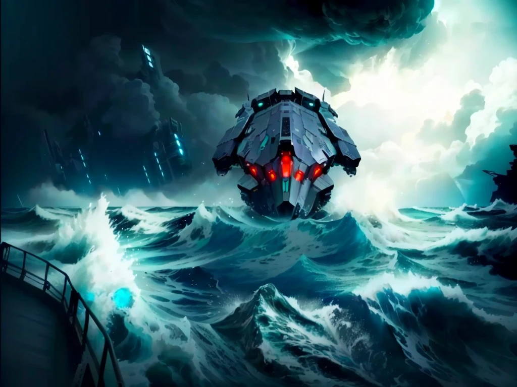 There is a big ship in the middle of a stormy ocean, from the pacific coast, a ship lost in a storm, Fearsome scary spaceship, broken ruin Pacific Rim Jaeger, The spaceship sank, Cherenkov radiation, Pacific Rim Jaeger, arte the fan, conceptual art, Scylla and Charybdis, stylized storm, alien shipwreck