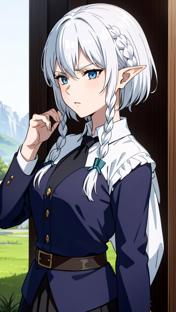 1girl ,solo,20s,mature female,serious face,short hair,elf ears,(grass),shirt,black standard tie,blue blazer,long sleeves, black pleated skirt,(upper body),frosty white Skin , Icy white hair ,Glacial blue eyes,TwinSideBraids