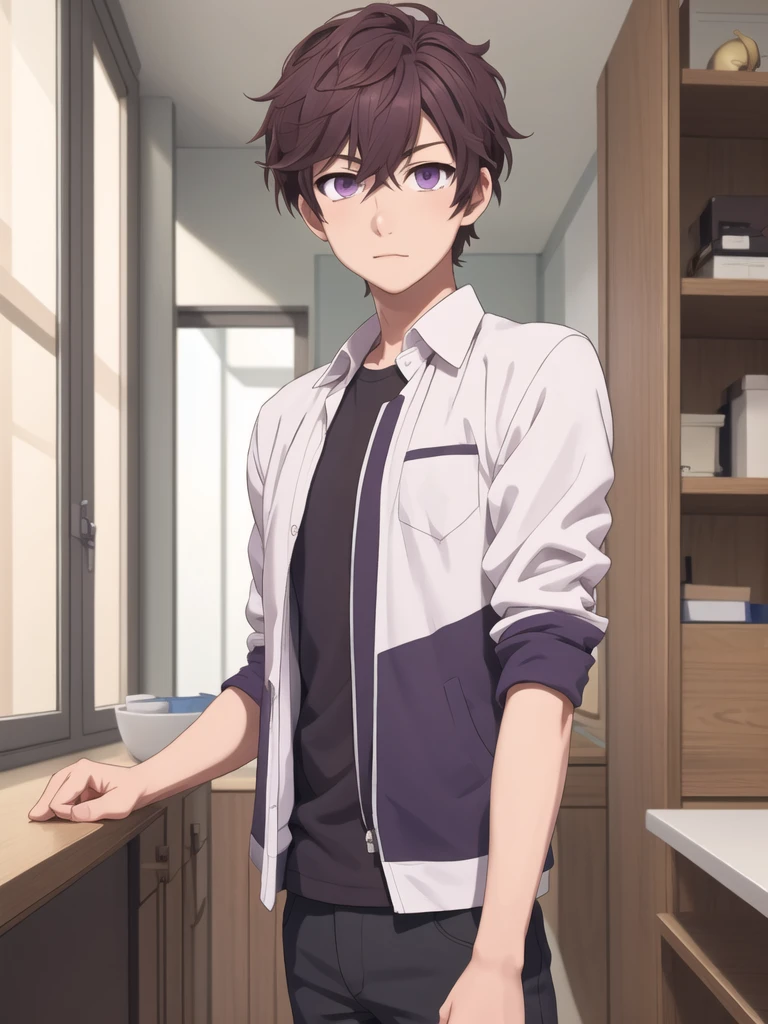 masterpiece, best quality, high quality, 1boy, solo, male focus, looking at viewer, upper body, yuu_setoguchi, purple eyes, brown hair, ,