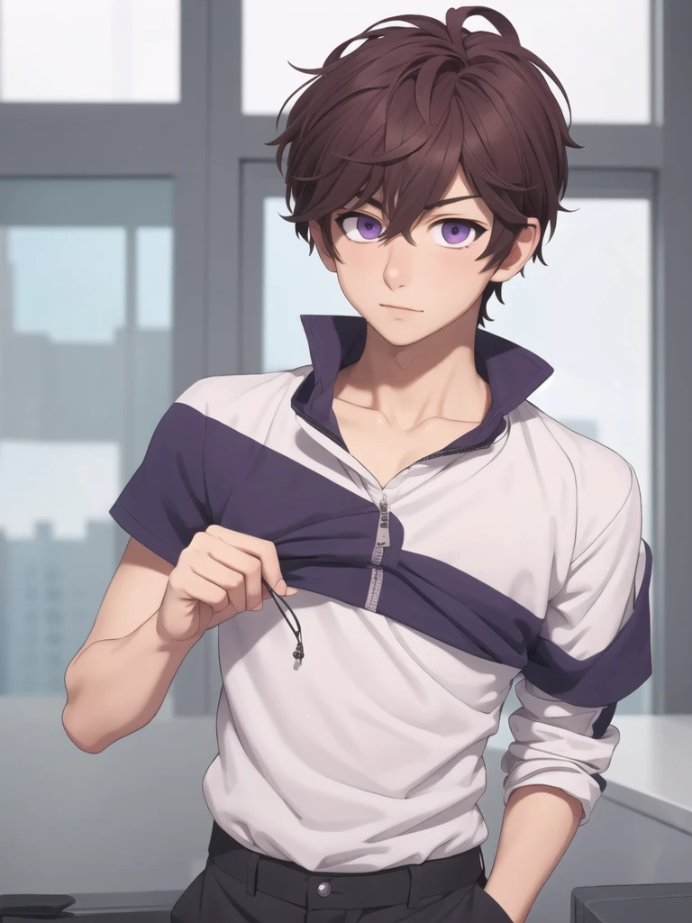 masterpiece, best quality, high quality, 1boy, solo, male focus, looking at viewer, upper body, yuu_setoguchi, purple eyes, brown hair, ,