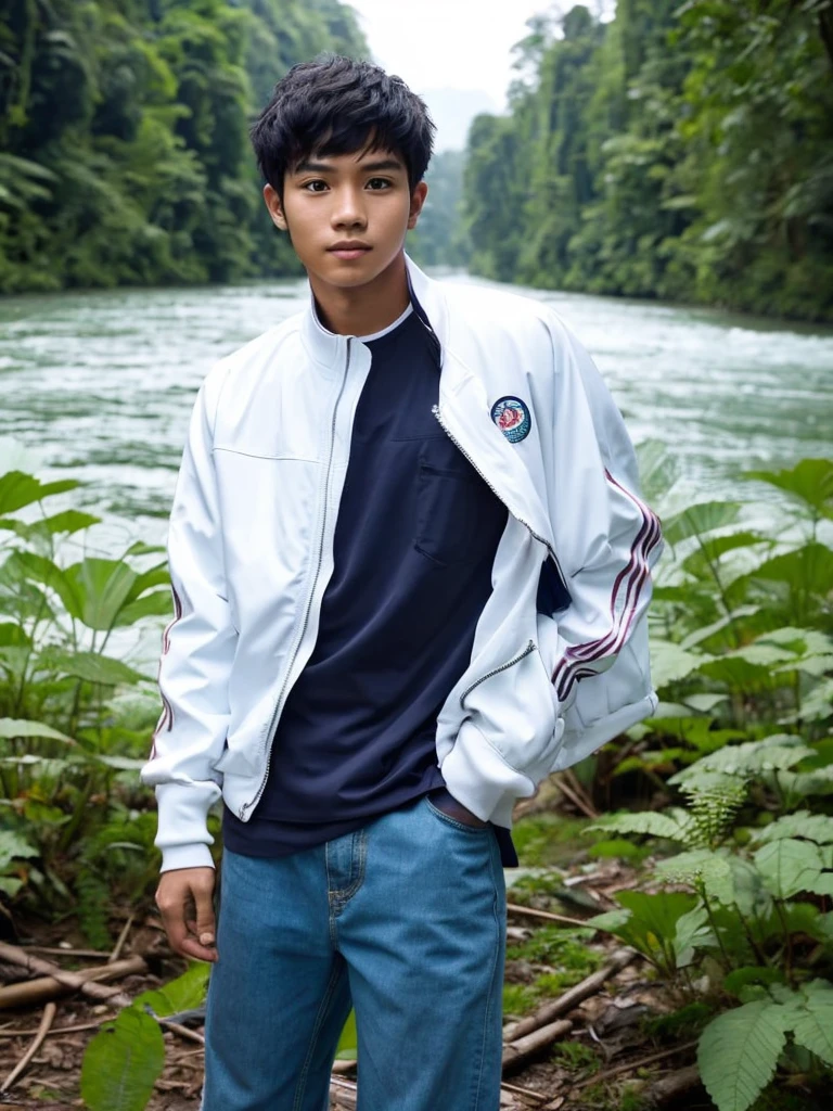 a Indonesian young man . Age around 22 years. There is only one person in the photo. wearing a white jacket. The whole body is depicted facing forward. The background is a river in the forest.