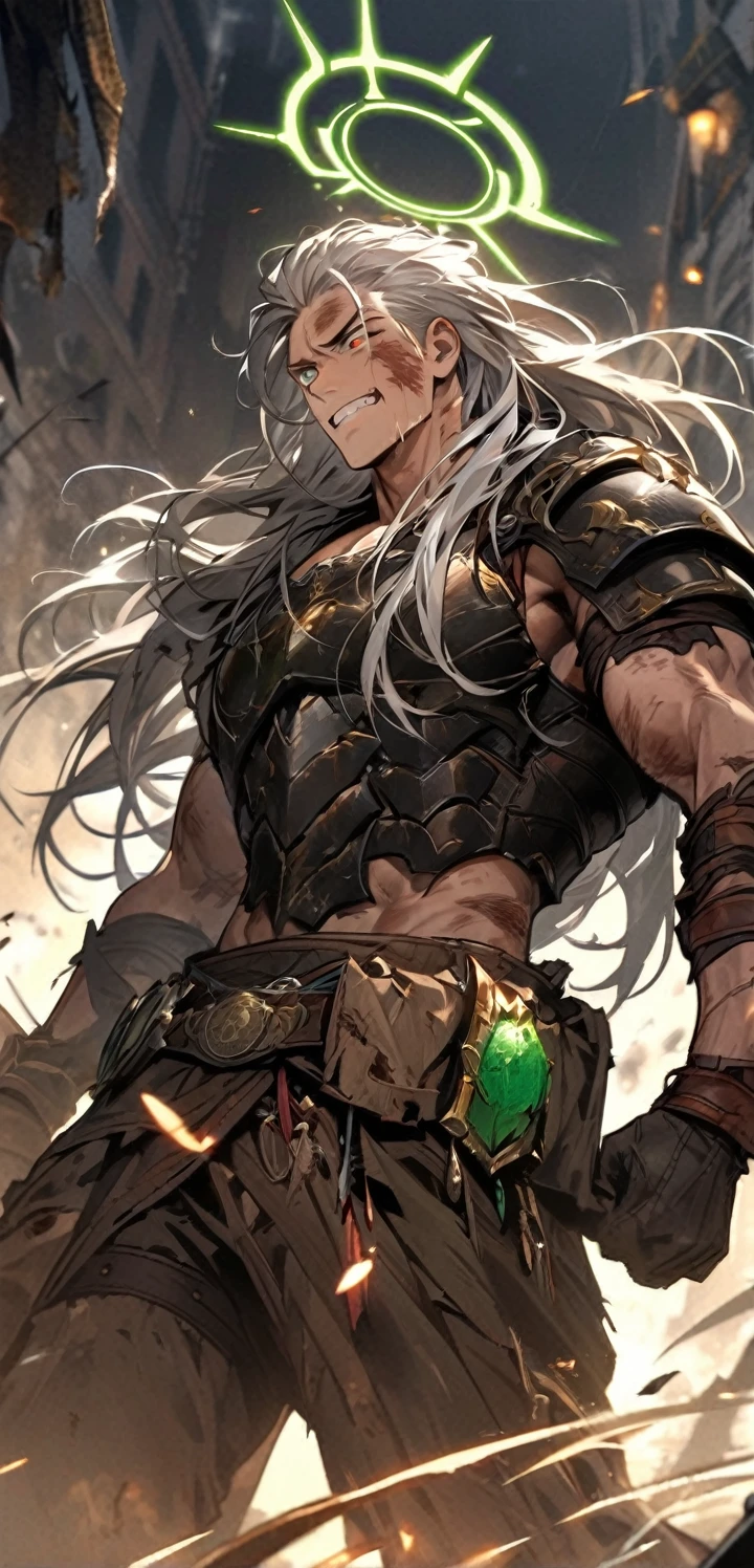 African black,Handsome man, Long hair, Silver Hair, His hair is tied back,Silver Hair的怪物猎人,Cat-like amber eyes,There are some injuries on the face,Rugged,muscular,Worn-out clothes、Black leather armor with battle scars,It is decorated with trinkets and trophies from past hunts.,There are claw marks and teeth embedded in the leather armor.,Amber Halo, Brown Halo, Handsome, high quality,