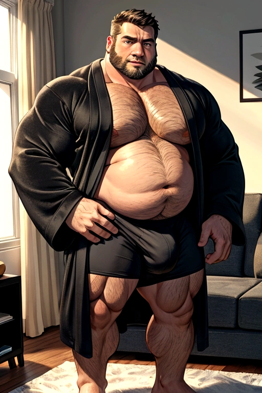 40 years old white Male, tall, giant body, handsome, dad bod, beefy, strong arms and legs, wide shoulders, a bit chubby muscle gut, a bit of fat but still very muscular, extremely hairy, a lot of body hair, short beard, wearing an untie black bathrobe with long sleeves, wearing a black boxer brief, unrealistic oversized big bulge, barefoot, smirking, modern minimalist living room