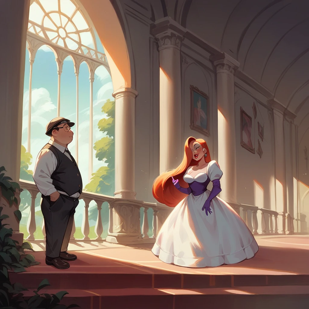 Jessica Rabbit is dressed as a vintage maid is helping to bathe a young fat man in the jacuzzi, palace