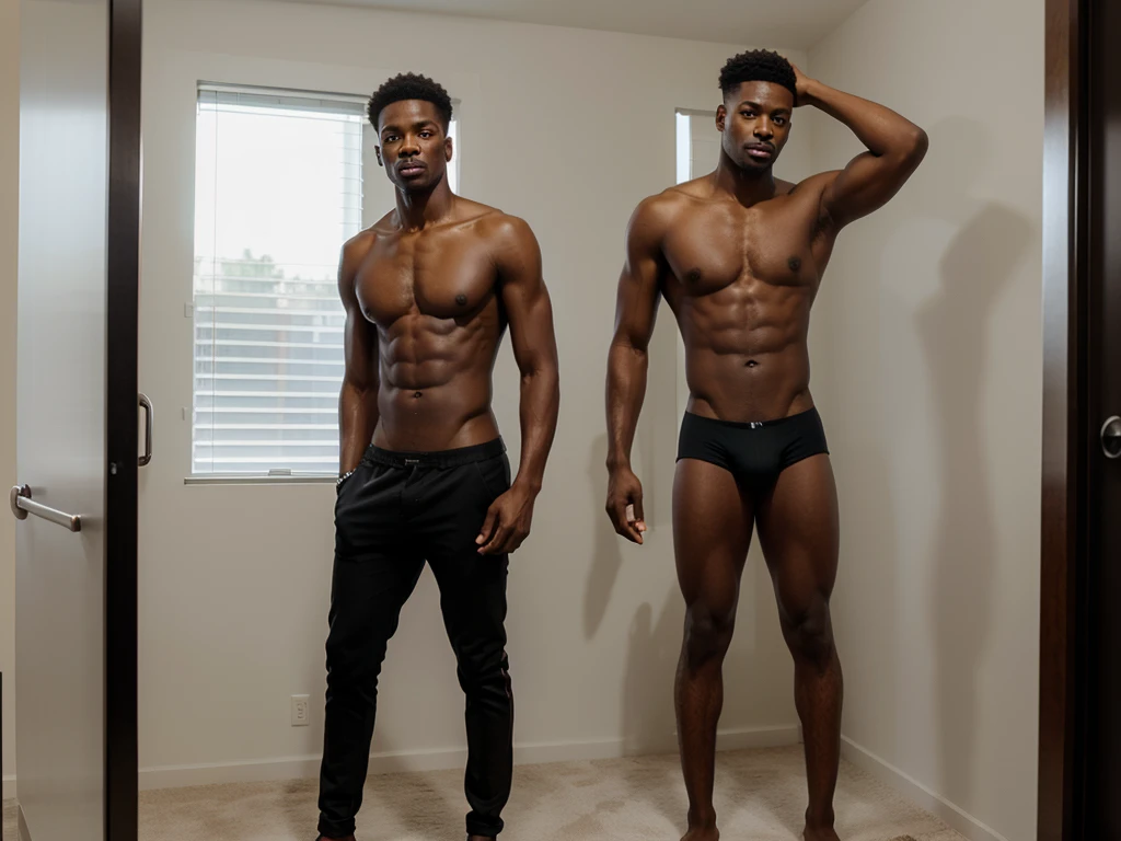 tall fit black man standing with no shirt on and in underwear, showing whole body and legs, holding whip