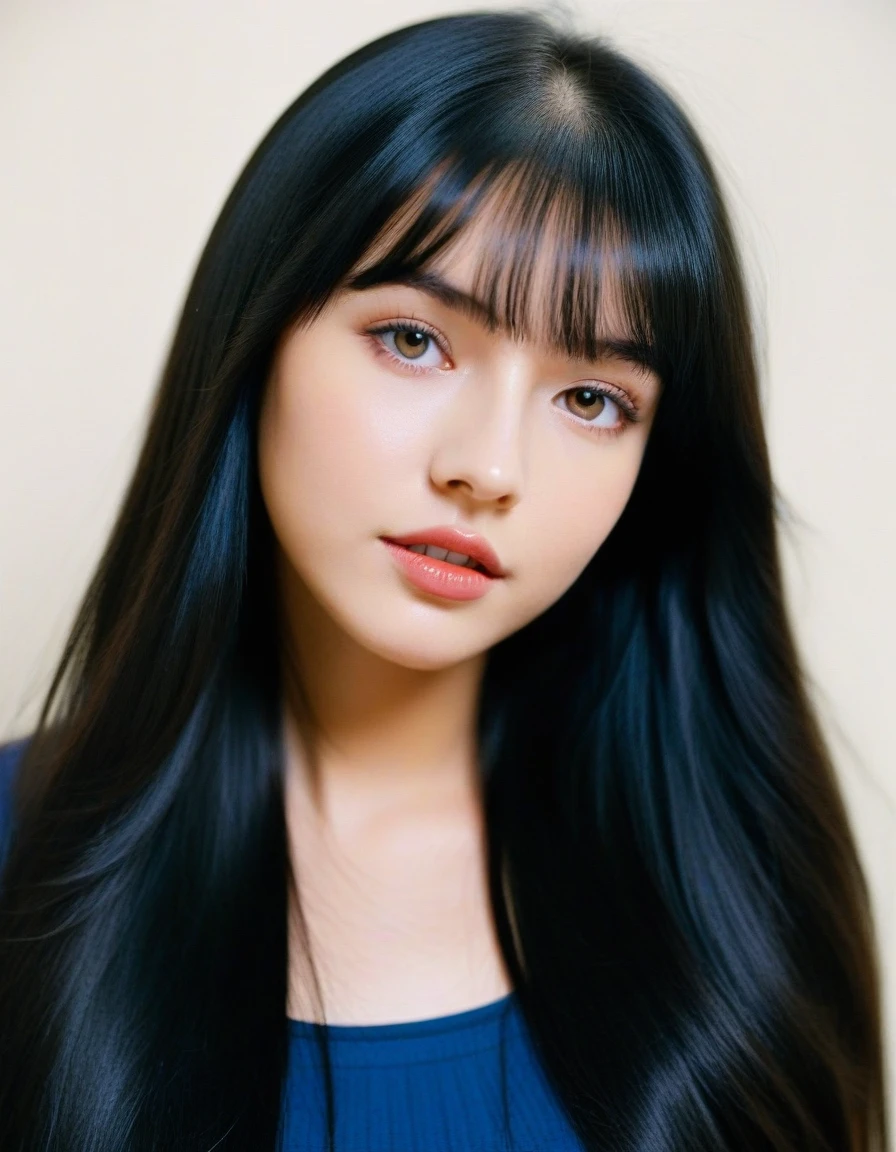 a 22yo  American woman with long black hair,dark blue and dark black,realistic color palette, soft-focused realism,black hair, long hair, blunt bangs