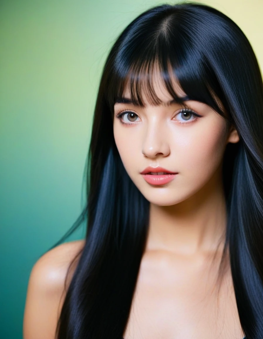 a 22yo  American woman with long black hair,dark blue and dark black,realistic color palette, soft-focused realism,black hair, long hair, blunt bangs