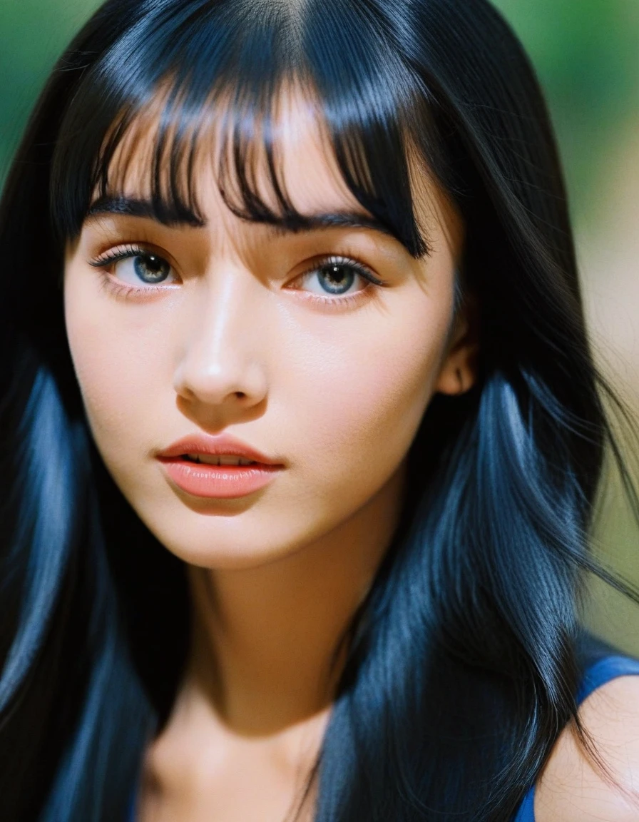 a 22yo  American woman with long black hair,dark blue and dark black,realistic color palette, soft-focused realism,black hair, long hair, blunt bangs