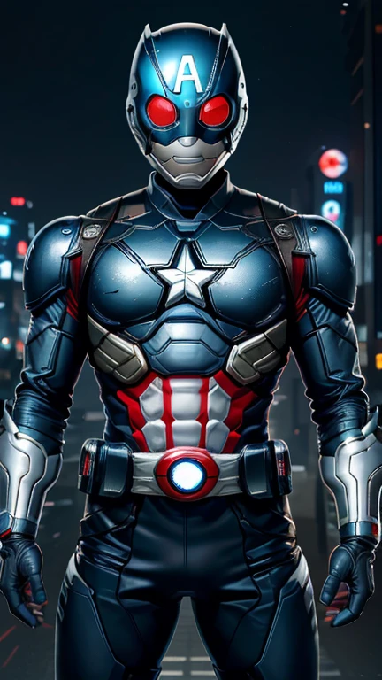 (8k),(masterpiece),(Japanese),(8-year-old boy),((innocent look)),((Childish)),From the front,smile,cute,Innocent,Kind eyes,Flat chest, blue helmet, blue domino mask, Captain America,Bald,No Hair, Henshin Pose,night,dark, Neon light cyberpunk city,Kamen rider,camisa